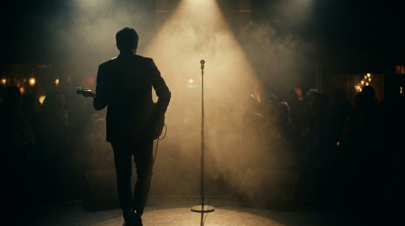 A guitarist in silhouette stepping into a warm stage spotlight