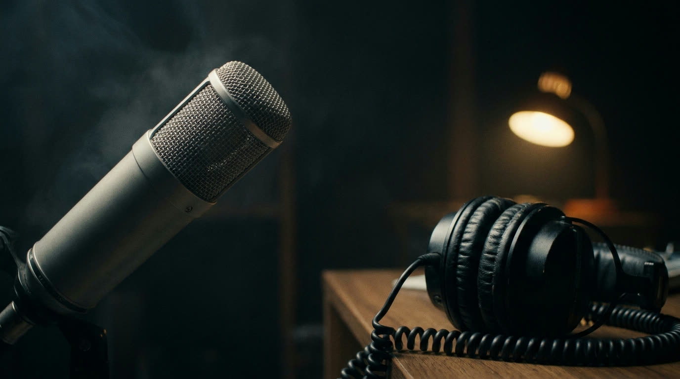 A studio microphone rimmed in warm light in a dark room