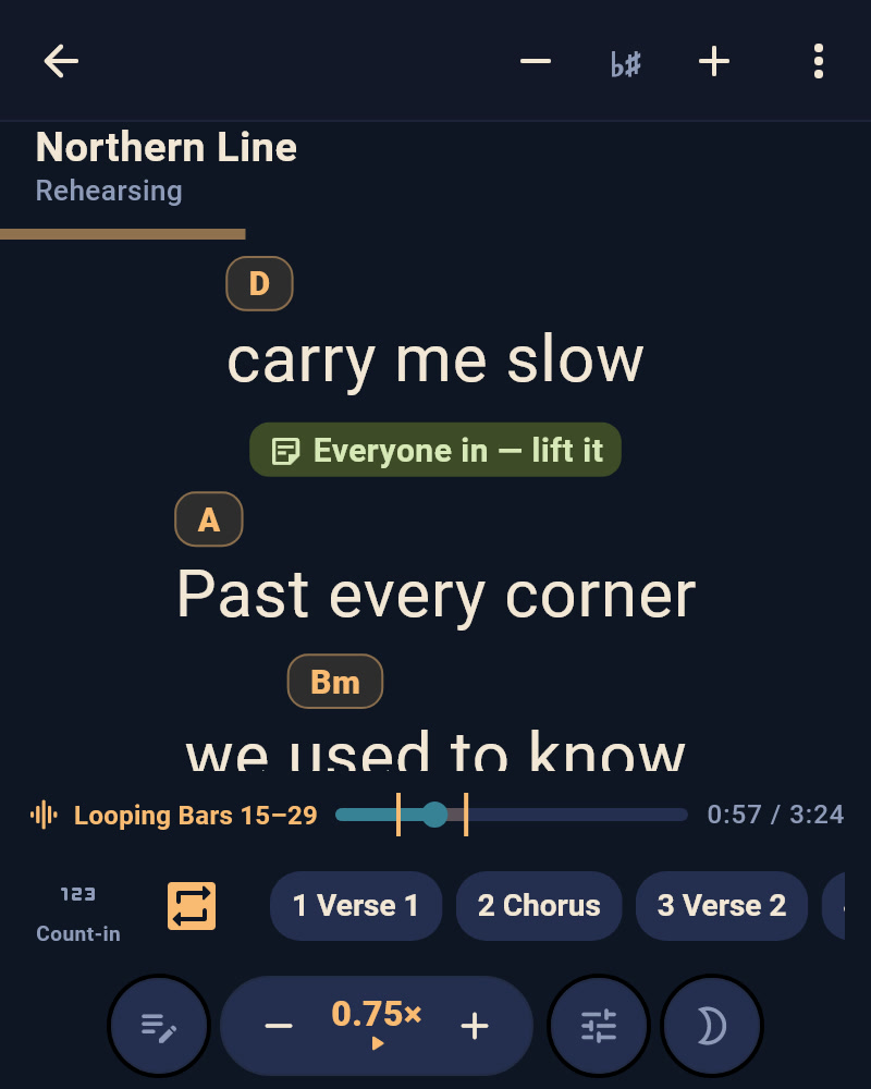 The play-along on a phone: the chorus of Northern Line with its chords and a typed note, the practice track looping bars 15 to 29, count-in and loop, the song&rsquo;s sections, and the speed at 0.75×