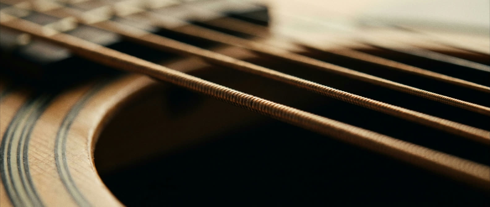 Close-up of guitar strings catching warm light
