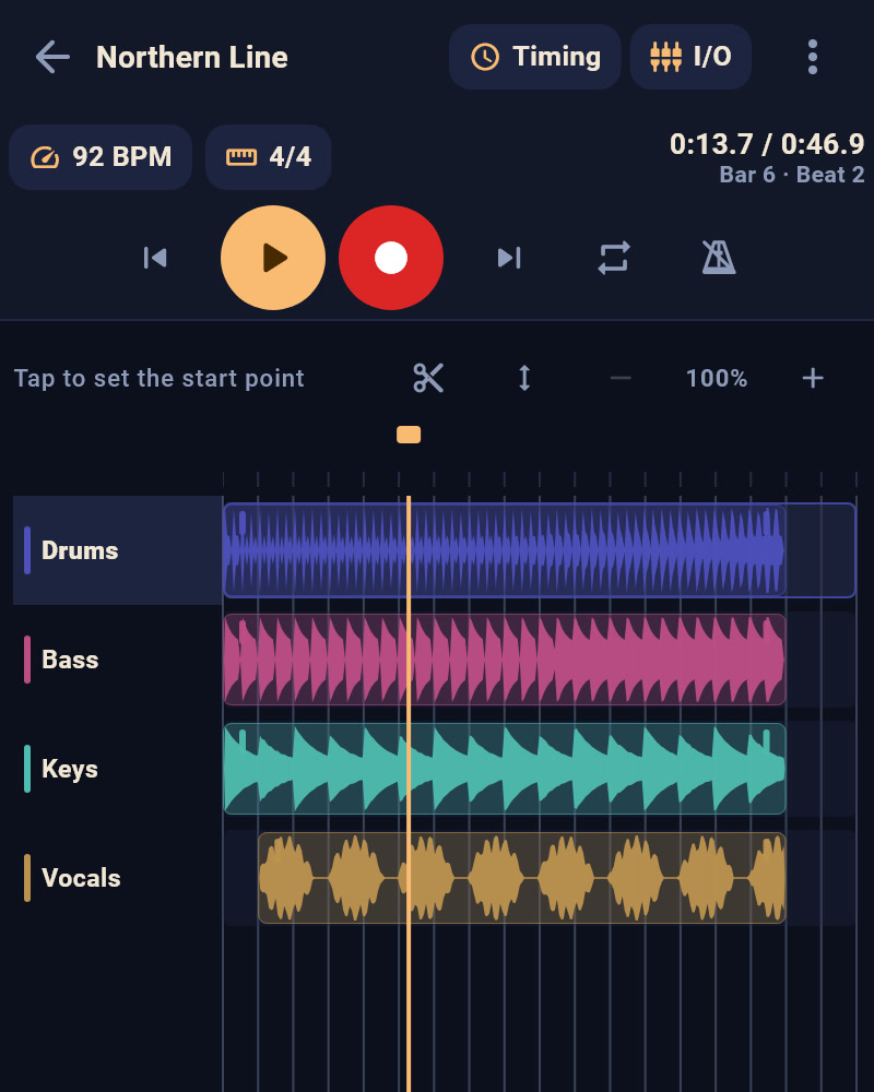 The Studio on a phone: a demo of Northern Line at 92 BPM with play and record buttons, and four layers on the timeline — drums, bass, keys and vocals, each its own colour