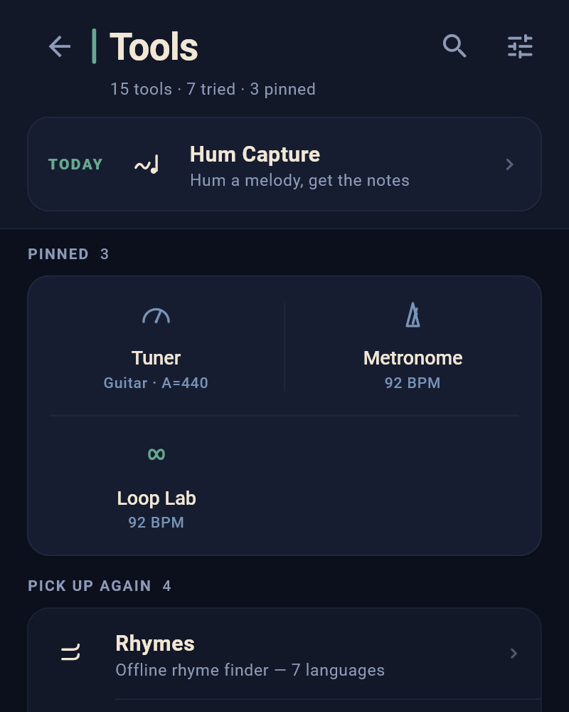 The Tools page on a phone: today&rsquo;s suggested tool, the pinned Tuner, Metronome and Loop Lab with what each remembers, and Rhymes under Pick up again