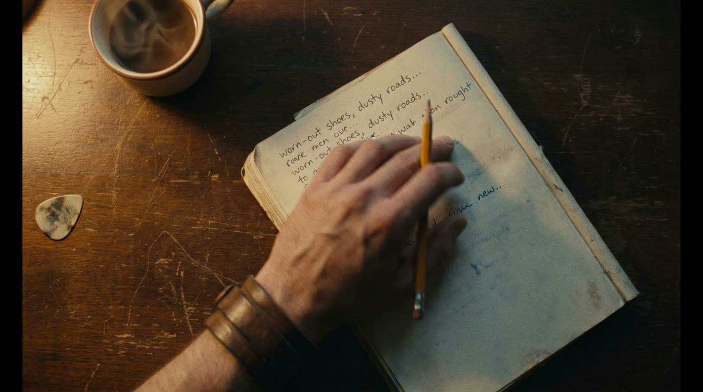 A hand writing lyrics in a notebook under warm lamplight